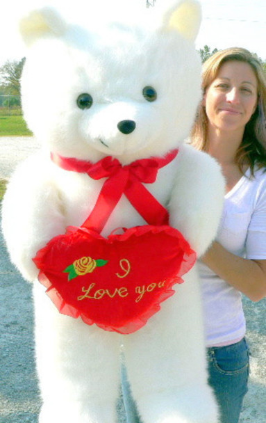 American Made Giant White Teddy Bear Holding I Love You Heart Pillow 42 Inches Soft