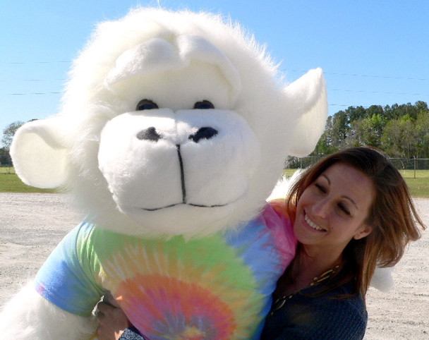 American Made Giant Stuffed White Gorilla 6 Foot Soft Big Plush Monkey Wears Rainbow Tie Dye T-Shirt