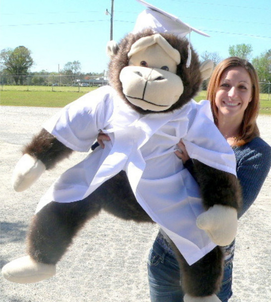 Giant Stuffed Monkey Gorilla 40-inches Tall wearing White Graduation Gown and Cap