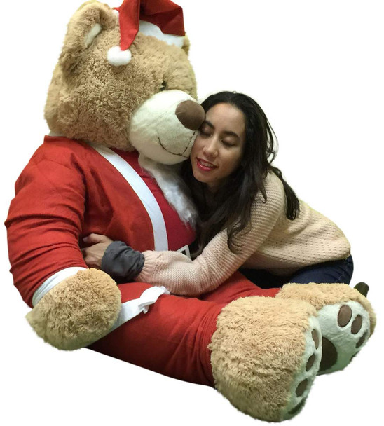 Giant Christmas Teddy Bear 60 Inch Soft, Wears Santa Claus Suit 5 Foot Xmas Teddybear Tan
