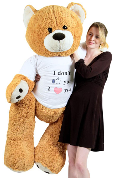 Big Plush Giant Love Teddy Bear 55 Inches Honey Brown Color Wears Tshirt that says I DON'T LIKE YOU I LOVE YOU