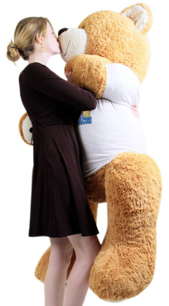 Giant Happy Birthday Teddy Bear 55 Inches Honey Brown Color Wears Tshirt that says HAPPY BIRTHDAY MONKEY FACE