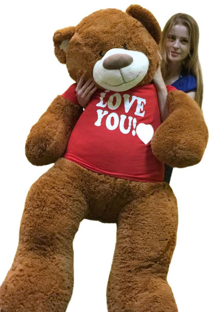 5 Foot Giant Teddy Bear 60 Inch Soft Cinnamon Brown Color Huge Wears I LOVE YOU T-shirt