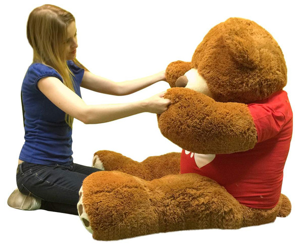5 Foot Giant Teddy Bear 60 Inch Soft Cinnamon Brown Color Huge Wears I LOVE YOU T-shirt