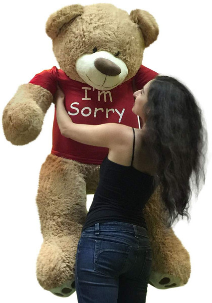 I'm Sorry Giant Teddy Bear 5 Feet Tall Tan Color Soft Wears T shirt that says I'M SORRY