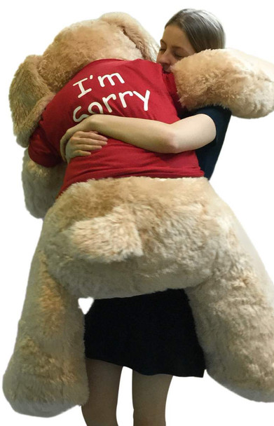 Say I'm Sorry With Giant Stuffed Puppy Dog 5 Foot Soft Tan Wears T shirt that says I'M SORRY