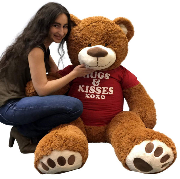 Big Plush 5 Foot Giant Teddy Bear 60 Inches Soft Cinnamon Brown Color Wears HUGS AND KISSES T-shirt