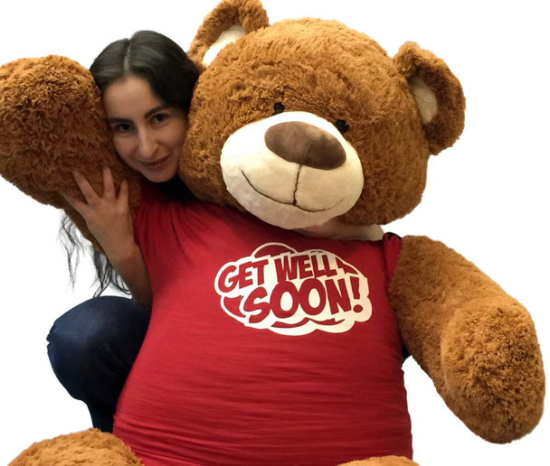 5 Foot Giant Teddy Bear 60 Inches Soft Cinnamon Brown Color Wears GET WELL SOON T-shirt