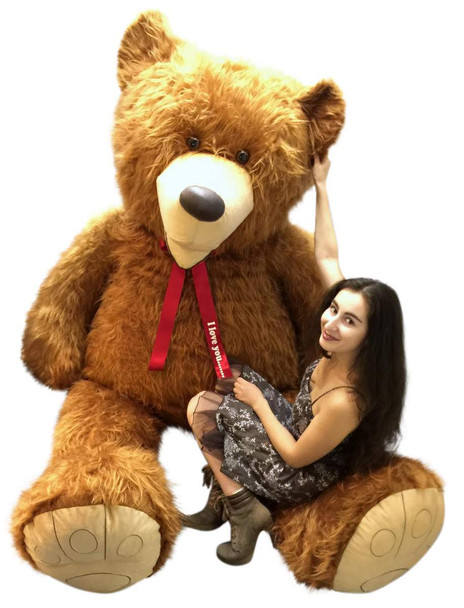 Personalized American Made 9 Foot Soft Giant Teddy Bear 108 Inches Honey Brown Long Fur Made in USA, Your Message Custom Printed on Neck-Ribbon Bow