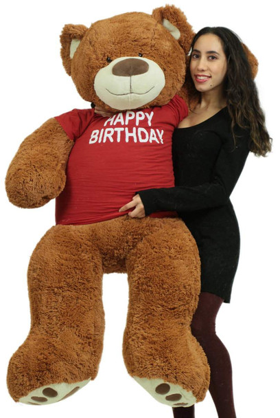 5 Foot Teddy Bear Wears Removable Happy Birthday Tshirt, Soft Cookie Dough Brown Color