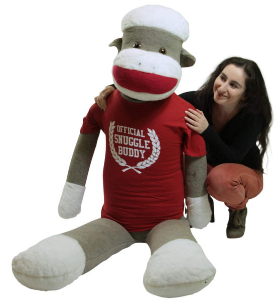 American Made Giant Plush Sock Monkey 5 Feet Tall Soft, Wears Removable Tshirt Official Snuggle Buddy