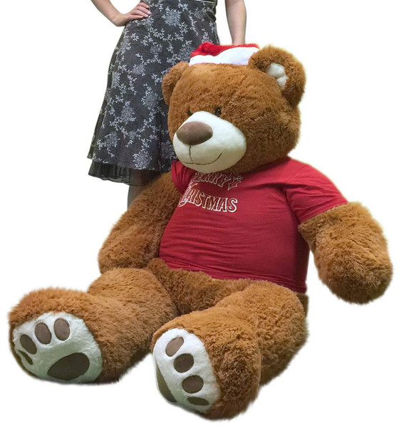 Merry Christmas 5 Foot Teddy Bear Wears Removable Red Holiday Tshirt, Soft Cookie Dough Brown Color