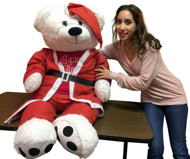 52-inch White Teddy Bear Wears Santa Suit and Santa Hat and Red Tshirt that says Merry Christmas