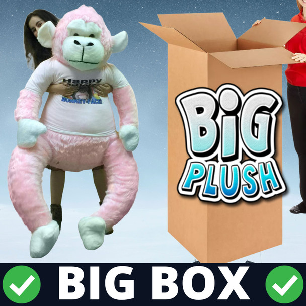 American Made 6 Foot  Giant Stuffed Pink Gorilla, Wears Removable Tshirt Happy Birthday Monkey Face
