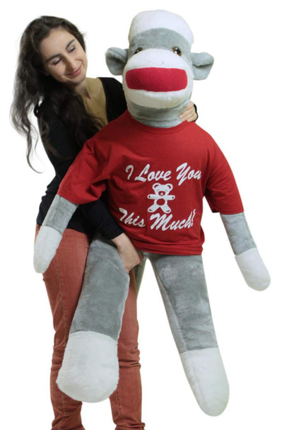 Big Plush Giant Valentine Sock Monkey 54 Inches Soft, Wears Removable T-shirt I LOVE YOU THIS MUCH
