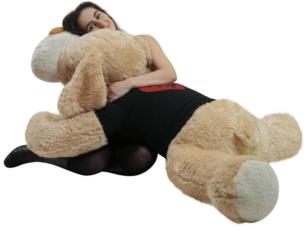 Big Plush Giant Stuffed Dog 5 Foot Soft, Wears Removable Black and Red Glitter T-shirt I Love You