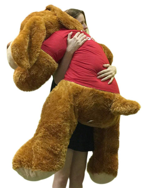 Big Plush® Giant Stuffed Dog 5 Foot Brown Soft Wears T shirt that reads I Socially Distantly Love You