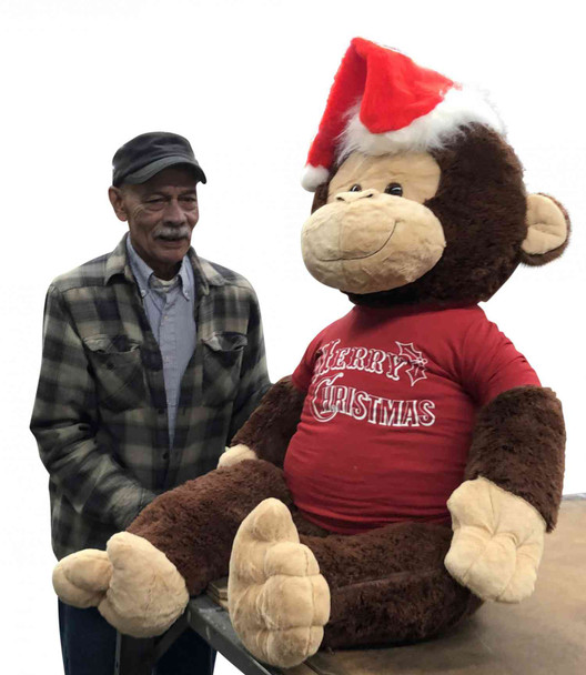 Merry Christmas Giant Stuffed Monkey 4 Feet Tall Soft Brown Large Plush Ape wears Holiday T-Shirt 48 Inches New - Big Plush® 