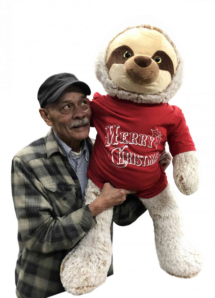 Giant Stuffed Sloth wears Merry Christmas T-shirt 40 Inches Soft 102 cm Big Plush Huge Cuddly Stuffed Animal