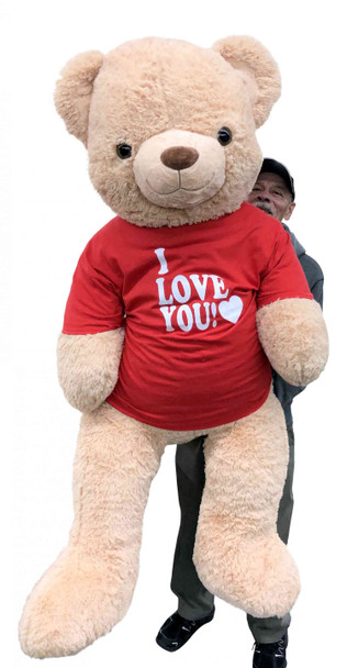 Giant 6ft Teddy Bear Wearing I Love You T-Shirt for Valentines Day,  6 Foot Teddy Bear 72 Inches Beige Soft Oversized Stuffed Animal
