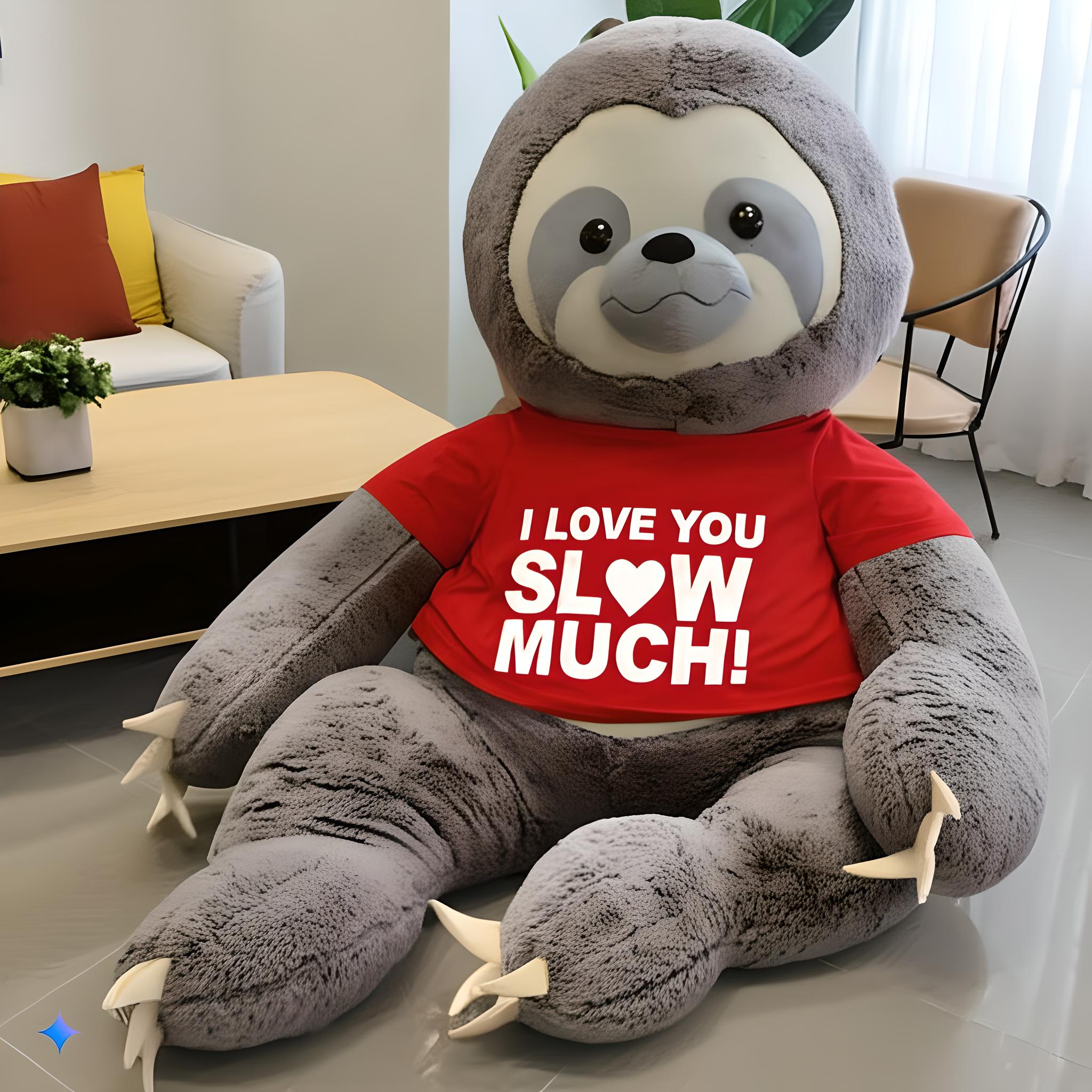 A 7 feet tall giant stuffed sloth sitting down in a living room on the floor