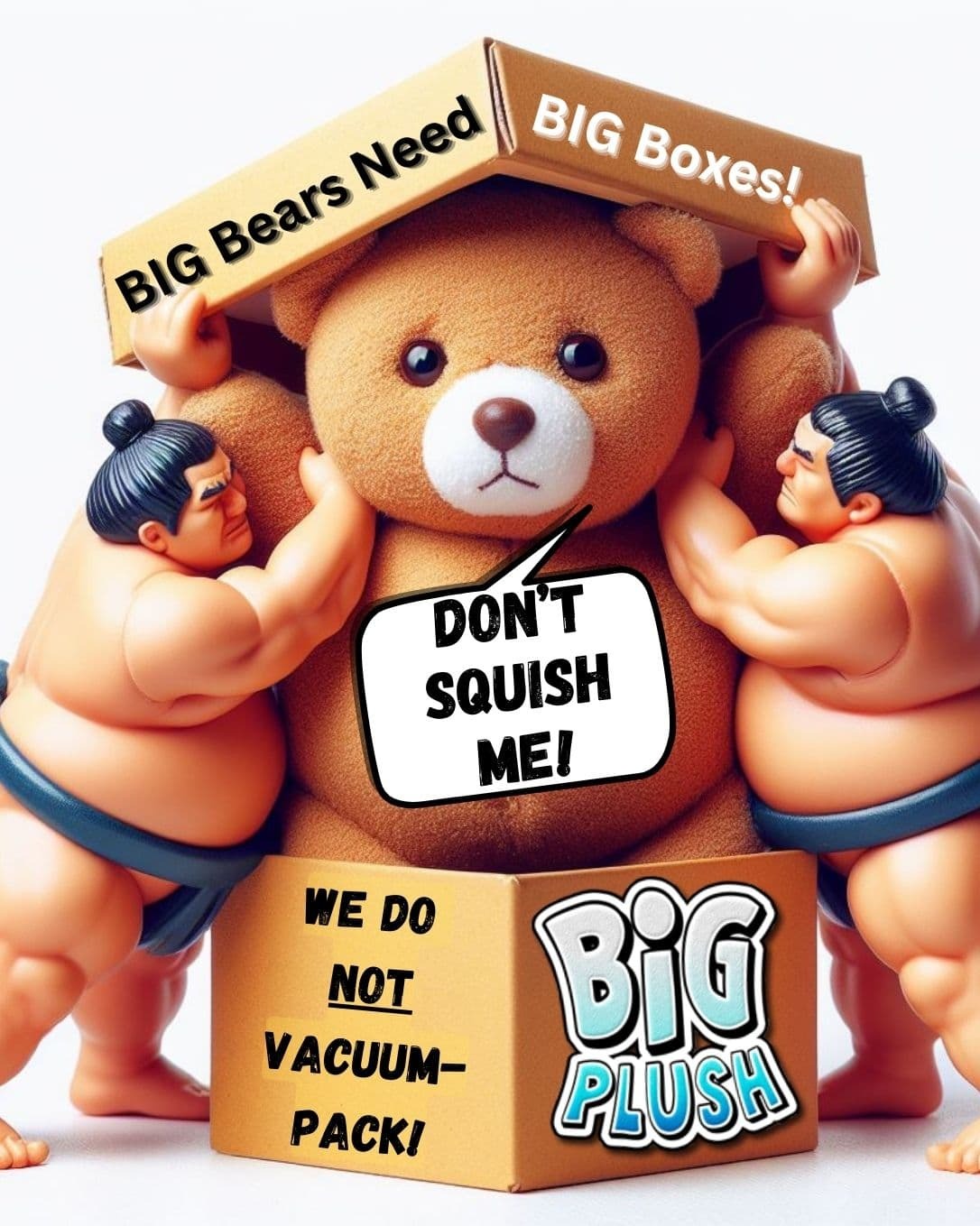 Cartoon image showing a huge teddy bear that 2 men are franticly trying to squeeze into an extremely small box. This is meant to show that Big Plush never vacuum-packs it's giant stuffed animals into tiny boxes as competitors do.