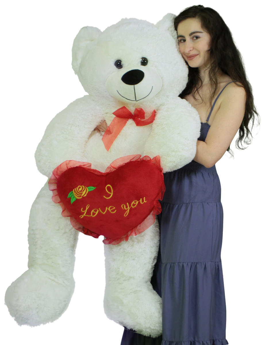 Giant White Teddy Bear 52 Inch Soft Big Plush Bear Holds I Love You Heart Pillow Big Plush Personalized Giant Teddy Bears Custom Stuffed Animals