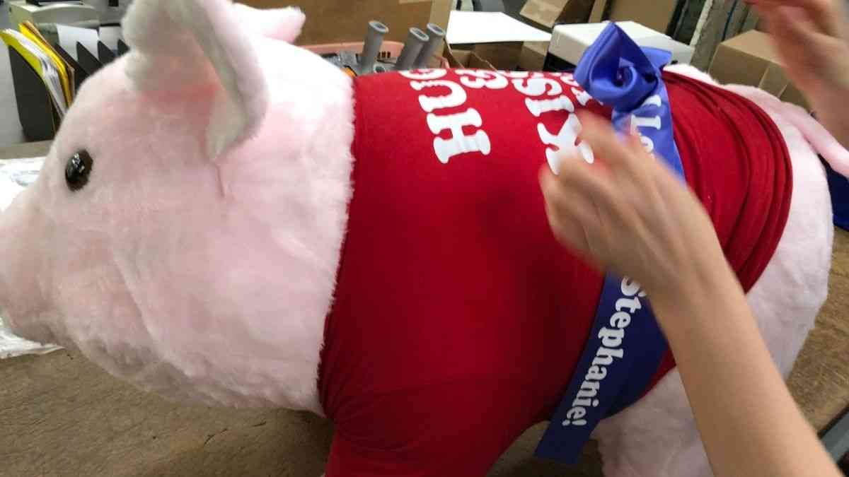 You can design your own t-shirt and we will dress your Big Plush stuffed animal in that very t-shirt for you, like this large stuffed pig