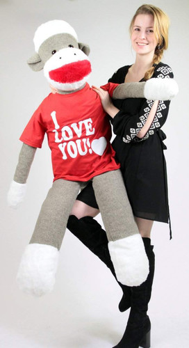 Giant Plush Sock Monkey 54 Inch Tall - Removable "I Love You" T-Shirt, Made In USA