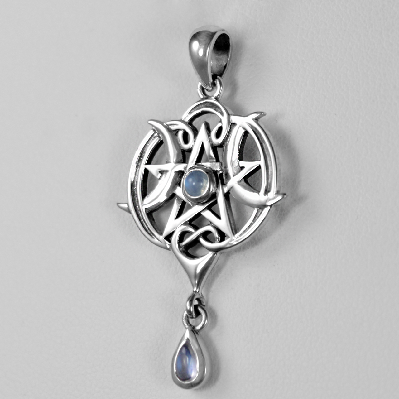 Sterling Silver Small Heart Pentacle Pendant with Rainbow Moonstone