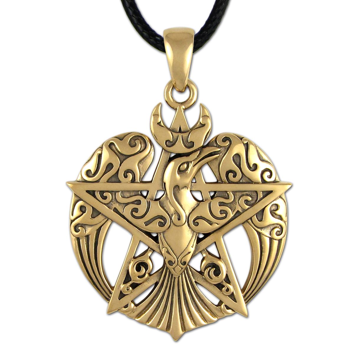 Bronze Large Crescent Raven Pentacle Pentagram Pendant Wiccan 