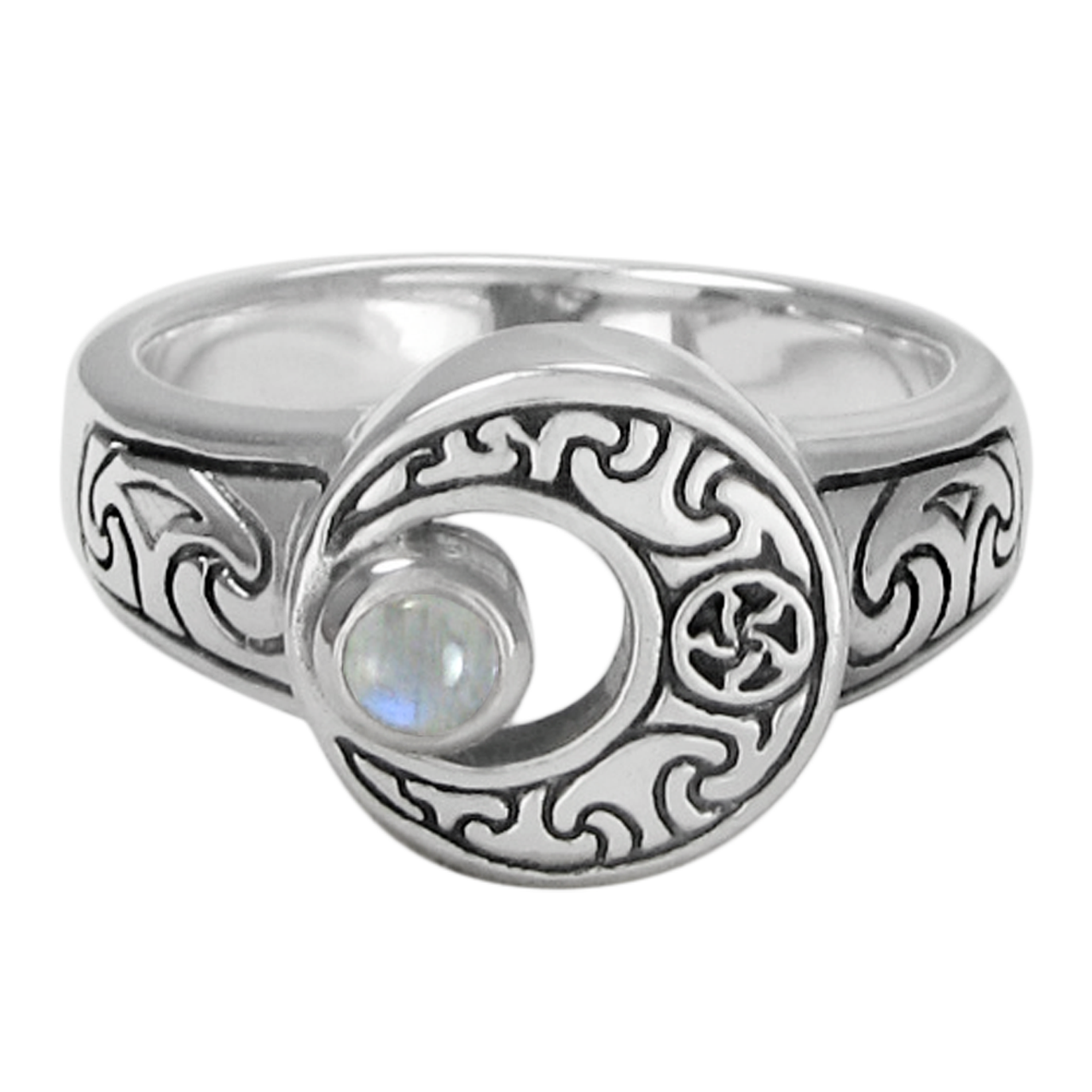 Sterling Silver Crescent Moon Ring with Rainbow Moonstone