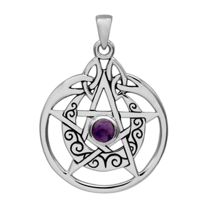 Sterling Silver Crescent Moon Pentacle Circle Pendant with Amethyst Sterling Silver Crescent Moon Pentacle Circle Pendant with Amethyst