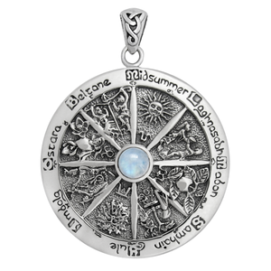 Sterling Silver Wheel of the Year Pendant with Rainbow Moonstone Sterling Silver Wheel of the Year Pendant with Rainbow Moonstone