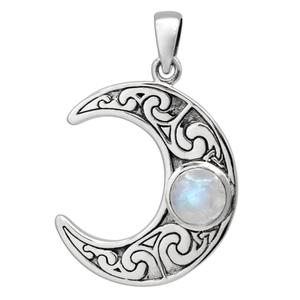 Sterling Silver Horned Moon Crescent Pendant with Rainbow Moonstone Sterling Silver Horned Moon Crescent Pendant with Rainbow Moonstone