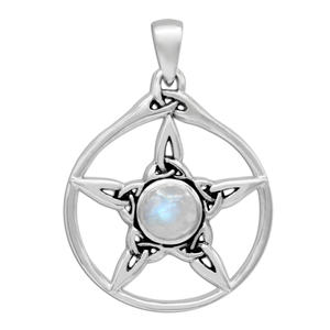 Sterling Silver Triquetra Pentacle Pendant with Rainbow Moonstone Sterling Silver Triquetra Pentacle Pendant with Rainbow Moonstone