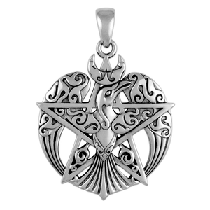 Sterling Silver Large Crescent Raven Pentacle Pendant Sterling Silver Large Crescent Raven Pentacle Pendant