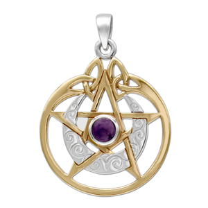 Sterling Silver Vermeil Crescent Moon Pentacle Pendant with Circle and Amethyst Sterling Silver Vermeil Crescent Moon Pentacle Pendant with Circle and Amethyst