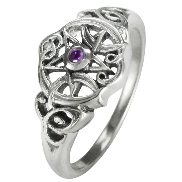 Sterling Silver Heart Pentacle Ring with Amethyst - Dryad Design LTD