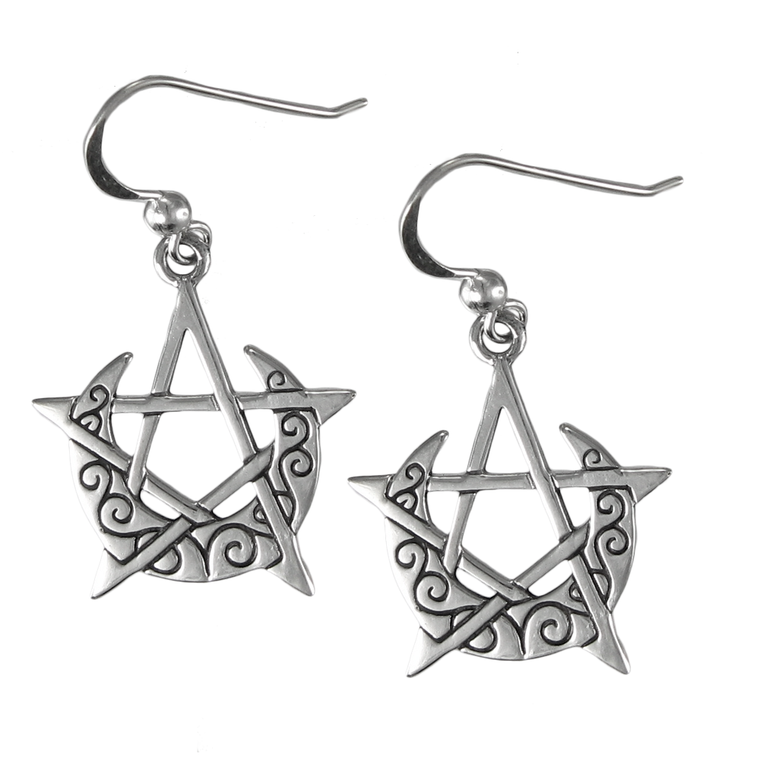 Sterling Silver Crescent Moon Pentacle Earrings