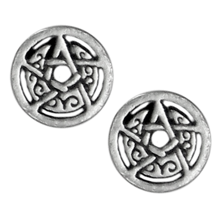 Silver Crescent Moon Pentacle Circle Stud Earrings