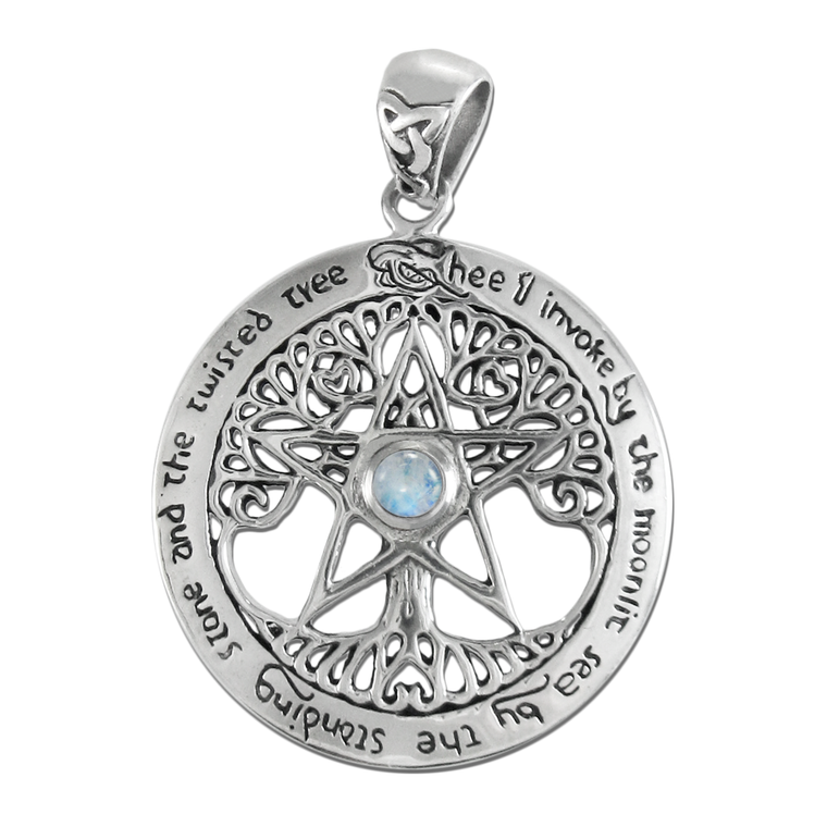 Sterling Silver Extra Large Cut Out Tree Pentacle Pendant with Rainbow Moonstone