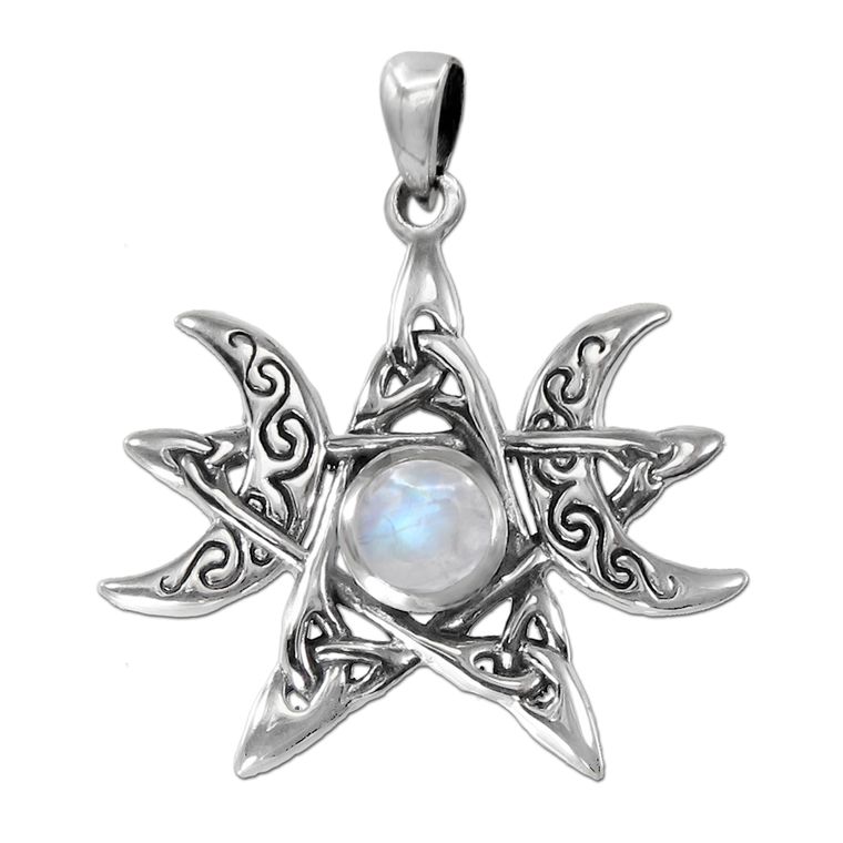 Sterling Silver Moon Phase Pendant with Rainbow Moonstone