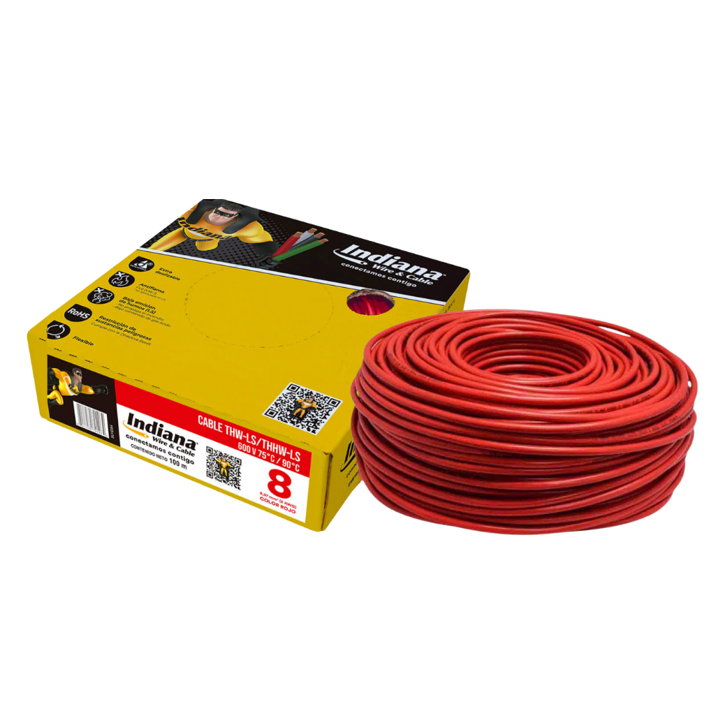 Cable Eléctrico THHW-LS Calibre 8 100% Cobre 600V 90°C Caja 100m Color Rojo SLY300 Indiana