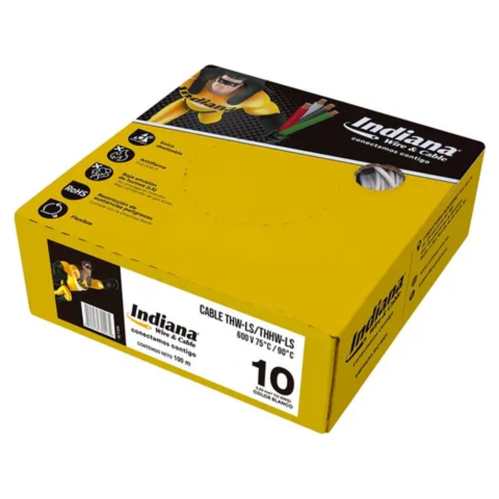 Cable Eléctrico THHW-LS Calibre 10 100% Cobre 600V 90°C Caja 100m Color Blanco SLY305 Indiana