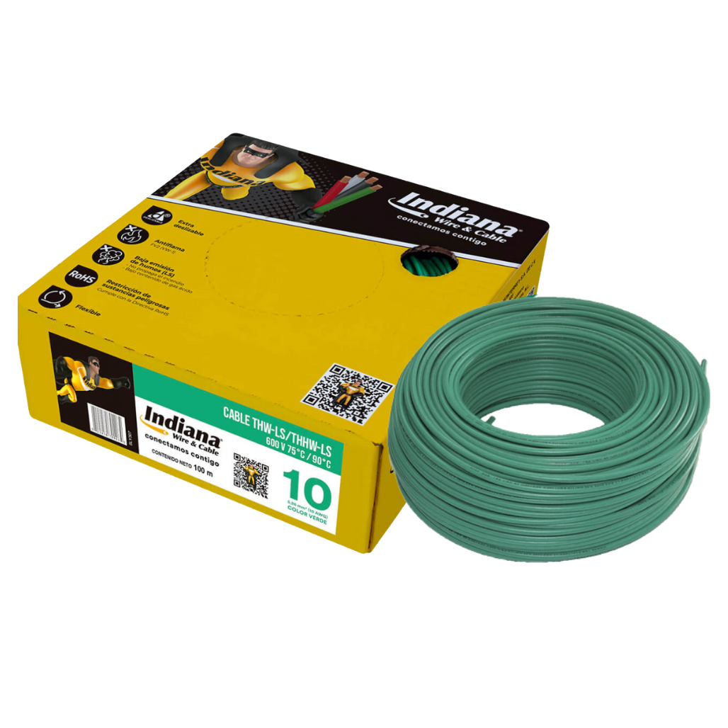Cable Eléctrico THHW-LS Calibre 10 100% Cobre 600V 90°C Caja 100m Color Verde SLY307 Indiana