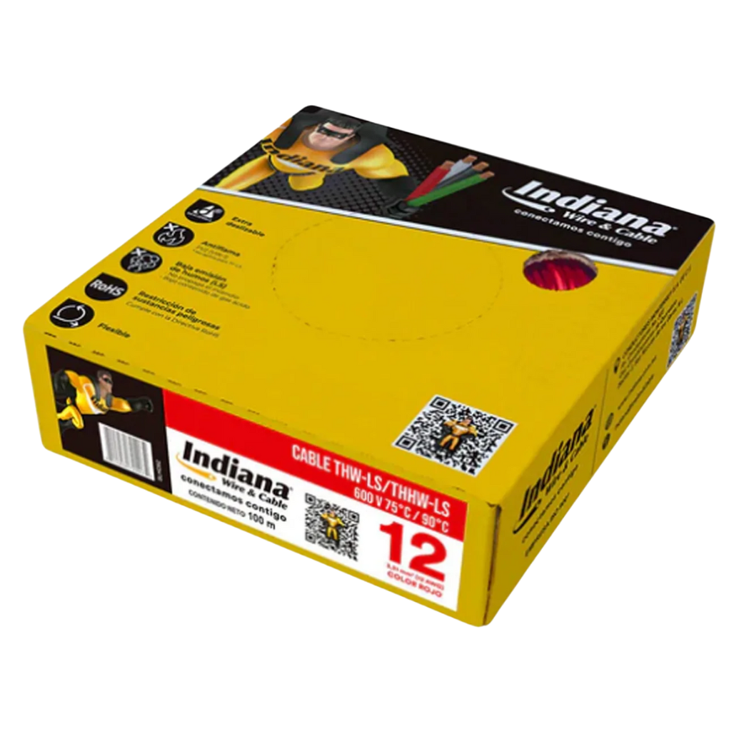 Cable Eléctrico THHW-LS Calibre 12 100% Cobre 600V 90°C Caja 100m Color Rojo SLY310 Indiana