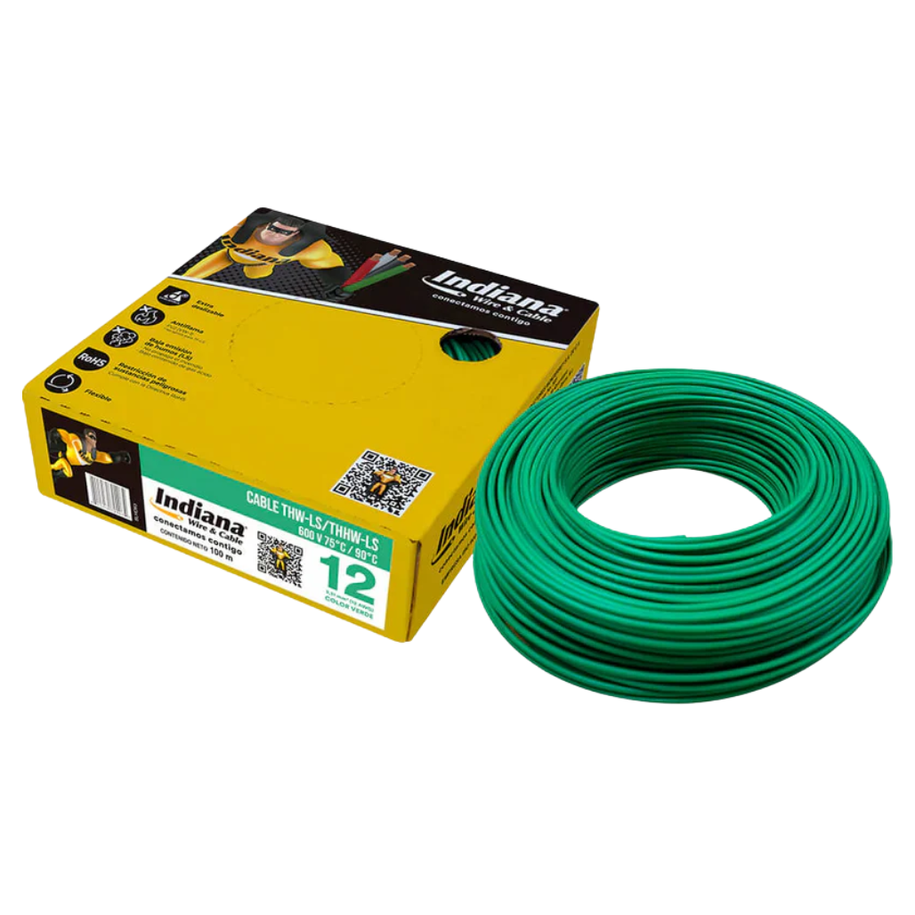 Cable Eléctrico THHW-LS Calibre 12 100% Cobre 600V 90°C Caja 100m Color Verde SLY311 Indiana