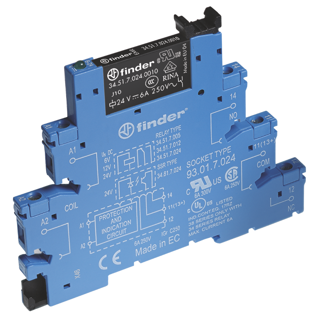 Interfaz Modular Tipo 38.51 con Relé Electromecánico EMR 1CC 6A 250VAC 385101250060 Finder