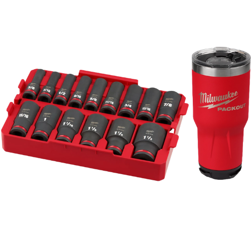 Juego de Dados de Impacto SHOCKWAVE de 1/2in 15pzs 49666817 + Regalo Vaso Térmico PACKOUT de 30oz 48828393R Milwaukee